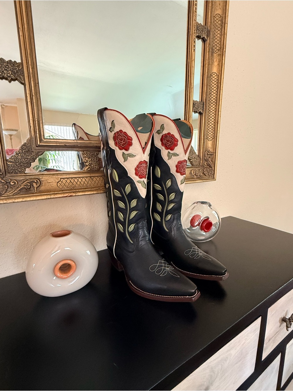 Tecovas Black Leather Women's Cowboy Boots with Red Rose Embroidery scarf. - Picture 8 of 16